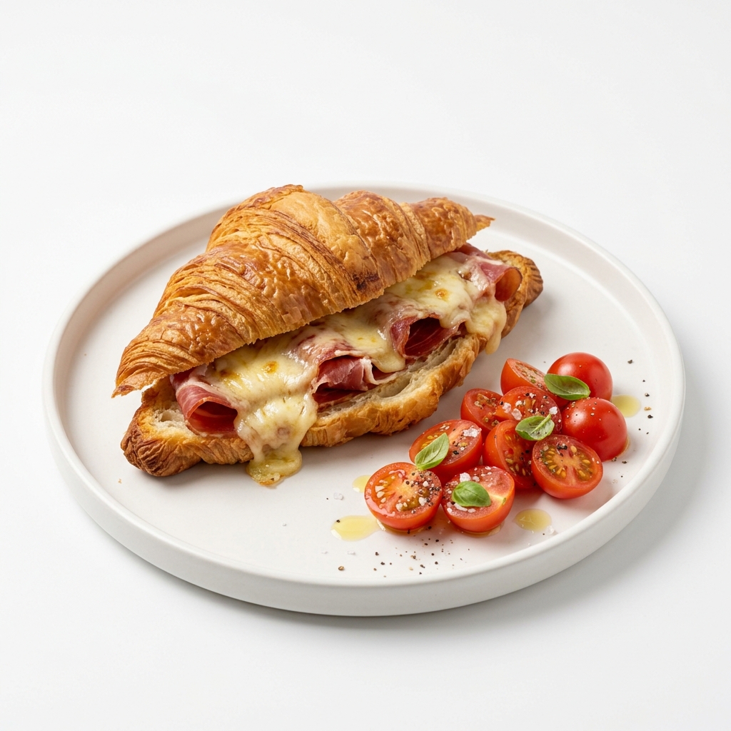Croissant con jamón, queso y tomate cherry